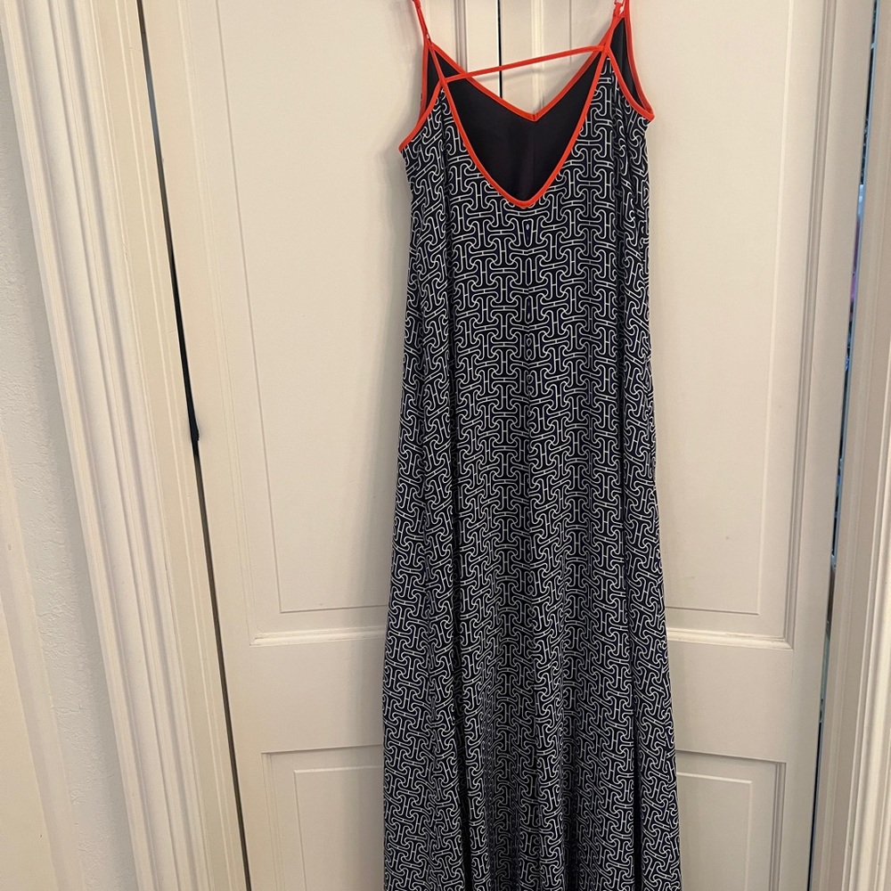 Trina Turk Navy Silk with Orange Trim Front Slit Maxi Dress - Picture 2 of 4